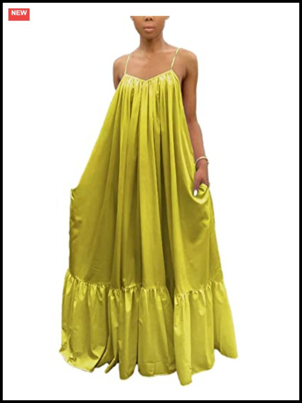 Women's Spaghetti Strap Loose Beach Long Maxi Swing Dress with Pockets